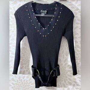 Vintage Y2K Tracy M Women’s M Black Ribbed Studded Belted Long Sweater Top